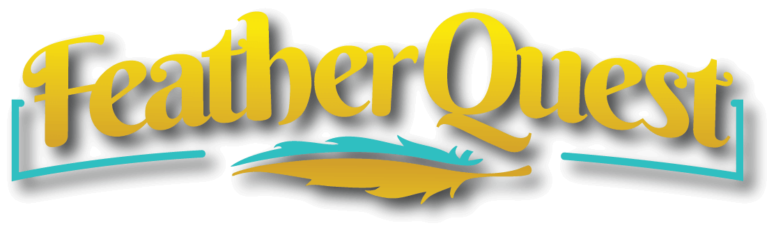 FeatherQuest logo featuring stylized yellow text with feather underline