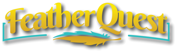 FeatherQuest logo featuring stylized yellow text with feather underline